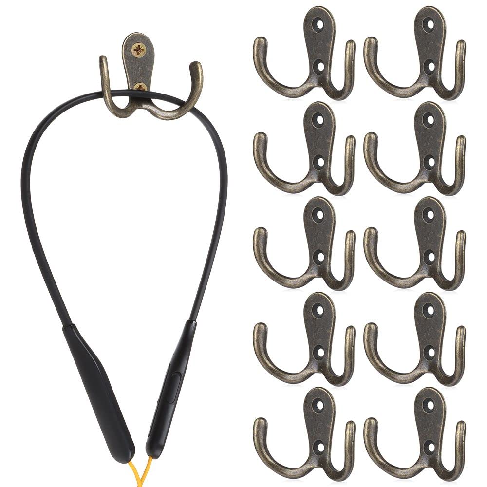 10pcs Metal Antique Hooks Double Prong Wall Door Coat Hanger Retro Key Holder Hat Bag Clothes Towel Organizer Shelf Storage(2.16inch,Bronze Tone)