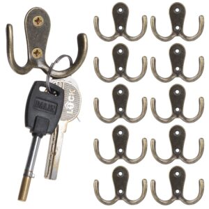 10pcs metal antique hooks double prong wall door coat hanger retro key holder hat bag clothes towel organizer shelf storage(2.16inch,bronze tone)