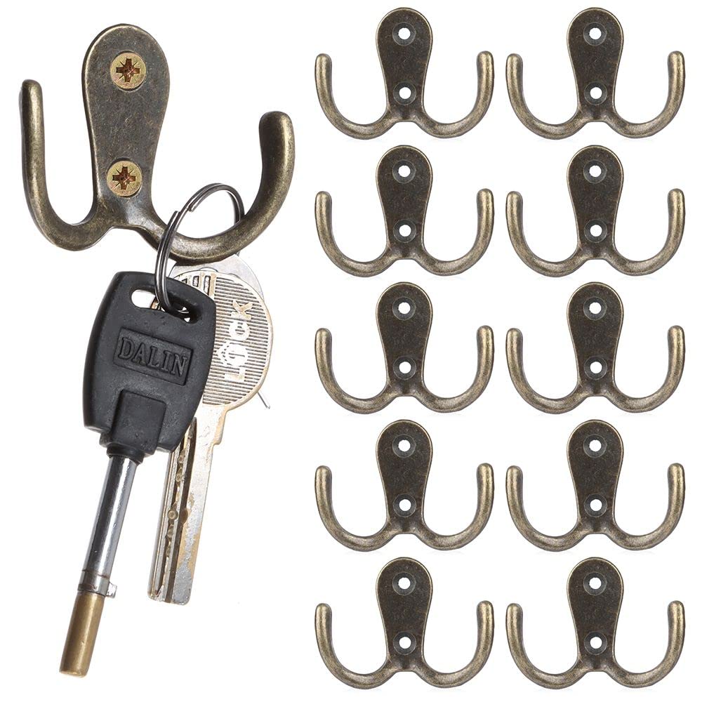 10pcs Metal Antique Hooks Double Prong Wall Door Coat Hanger Retro Key Holder Hat Bag Clothes Towel Organizer Shelf Storage(2.16inch,Bronze Tone)