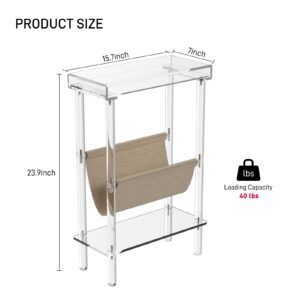 Eglaf Acrylic Narrow Side Table for Small Spaces - Slim End Table with Magazine Holder - Skinny Side Table Small Bedside Table Nightstand for Living Room Bedroom- 15.7” L x 7” W x 23.9” H, Clear