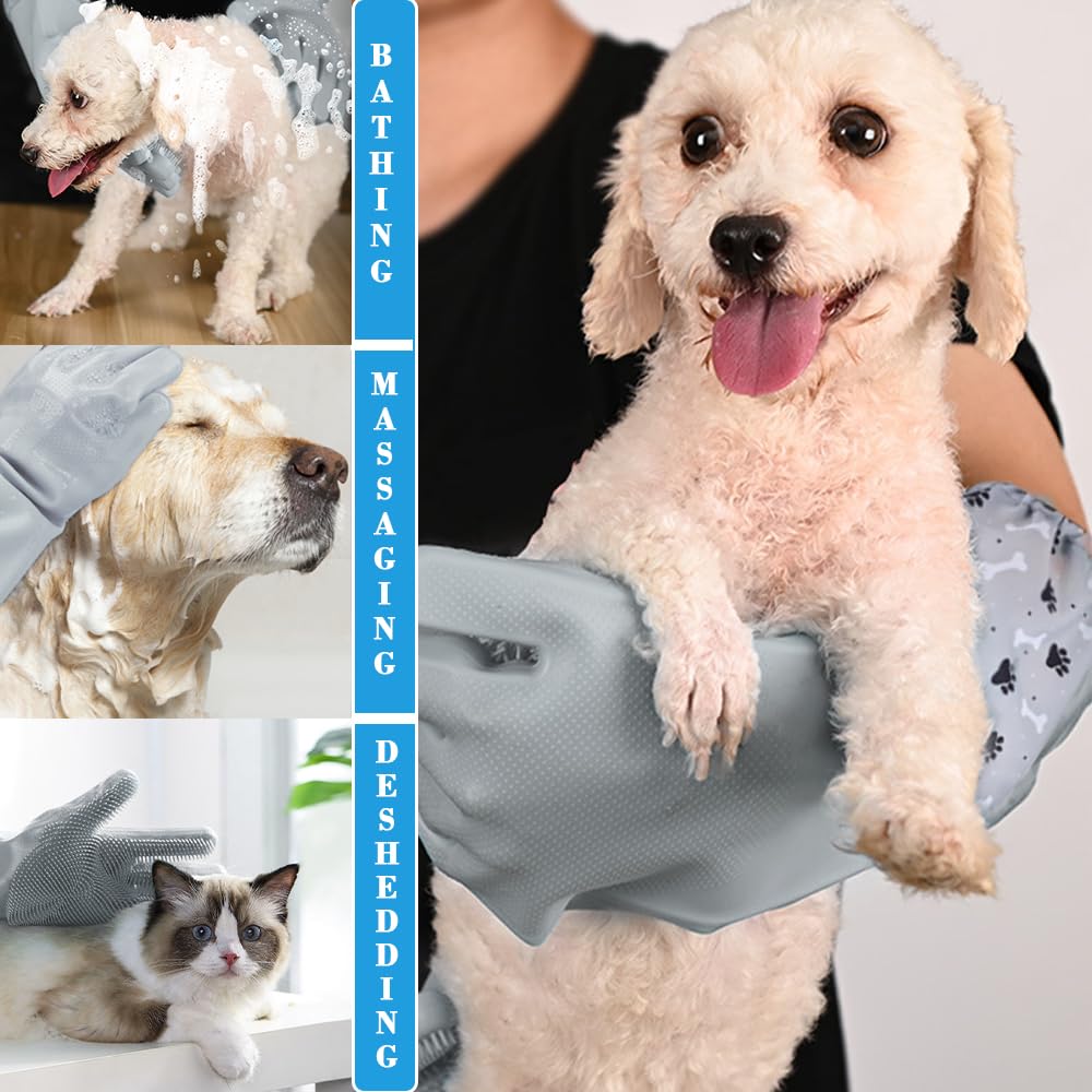 1TO3GO Pet Grooming Gloves Pet Hair Remover Cat, Dog Washing Gloves Silicone Heat Resistant Cleaning Gloves with High-Density Teeth Grooming Gloves for Dogs, Cats, Horses, Rabbits (1 Pair - Gray)