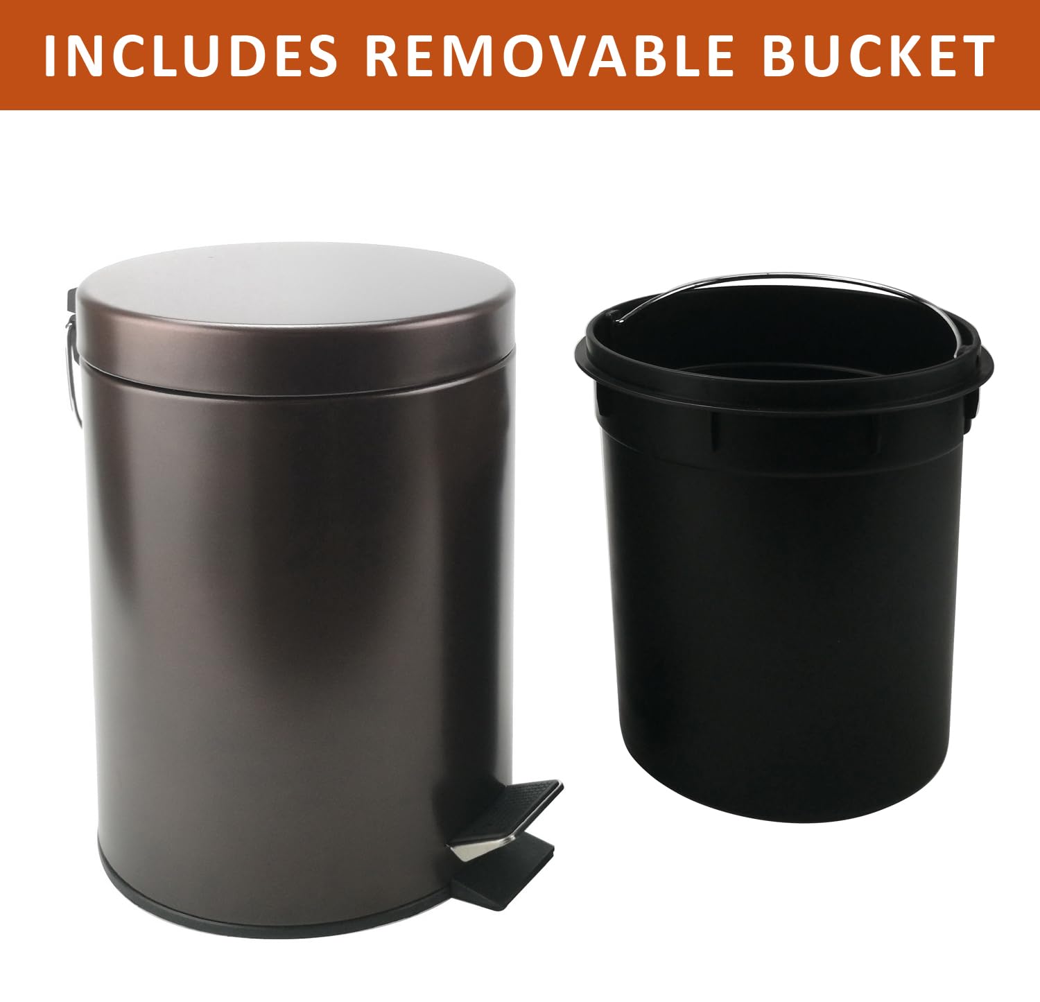 Stainless Steel Small Trash Can with Lid & Step Pedal - 5 Liters/1.3 Gallon Soft Close Waste Basket with Removeable Inner Bucket - Garbage Can for Bathroom, Bedroom, Kitchen & Office (Bronze)