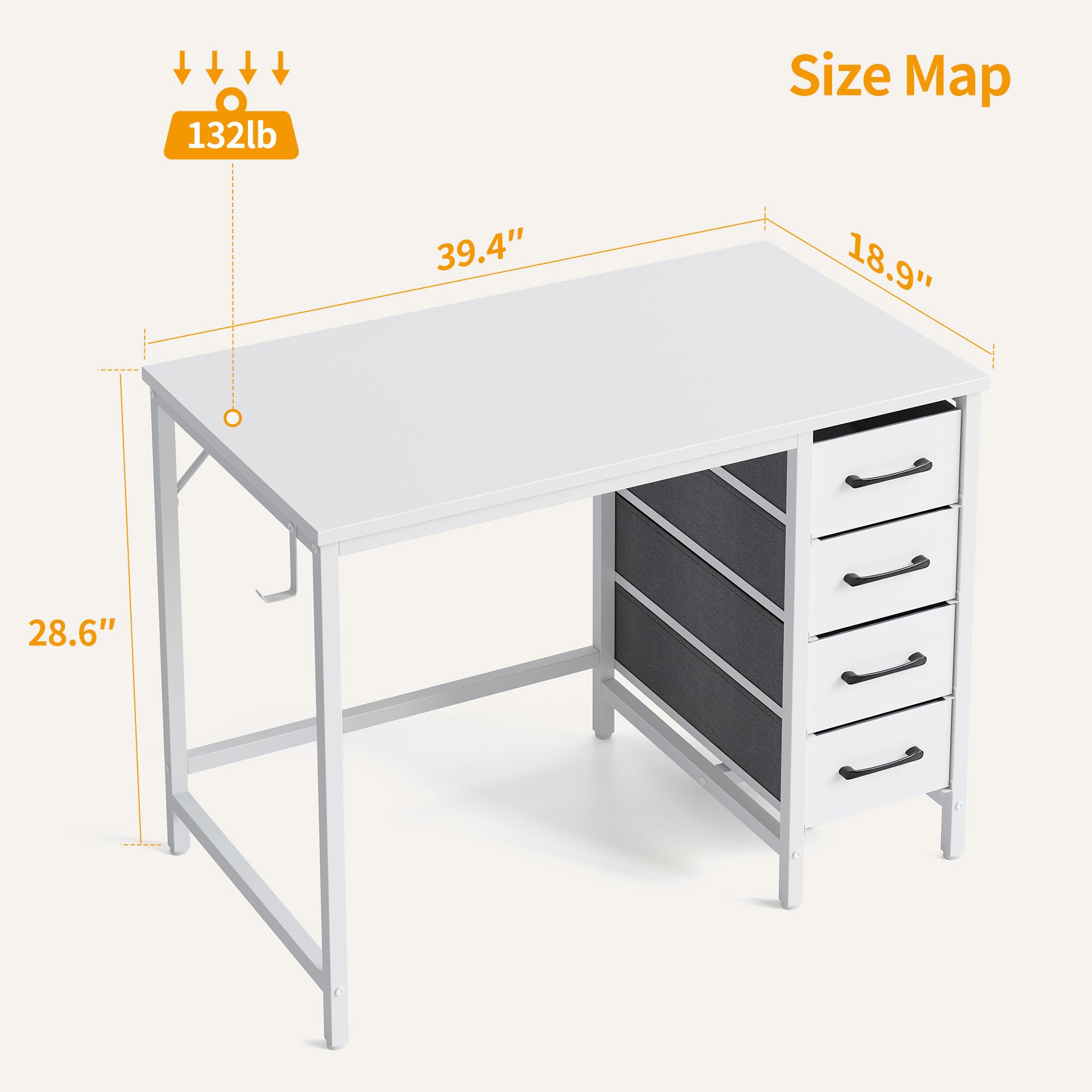 CubiCubi 40 Inch Computer Reversible Desk with 4 Storage Drawers, Small Home Office Kids Student Writing Study Work Table for Bedroom, White