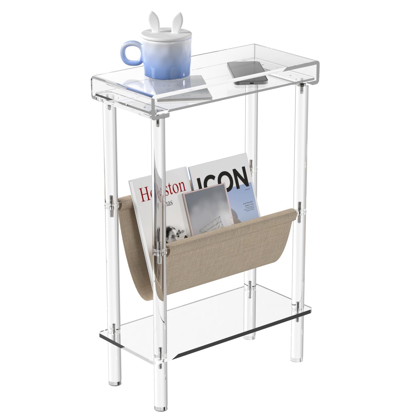 Eglaf Acrylic Narrow Side Table for Small Spaces - Slim End Table with Magazine Holder - Skinny Side Table Small Bedside Table Nightstand for Living Room Bedroom- 15.7” L x 7” W x 23.9” H, Clear