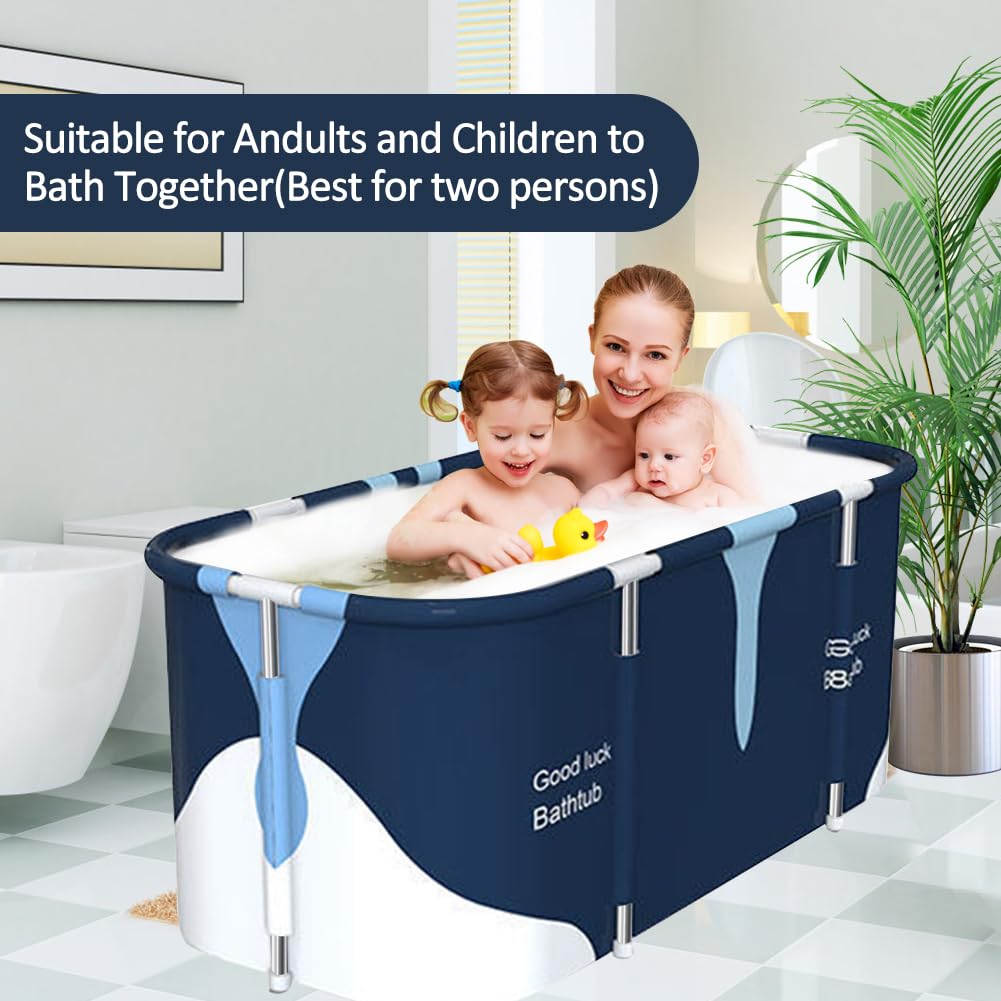 55" Extra Large Portable Foldable Bathtub Soaking Bathing Tub with Metal Frame for Adult Bathroom Folding SPA Tub for Shower Stall, Separate Family Bathroom SPA Tub for Hot Ice Bath