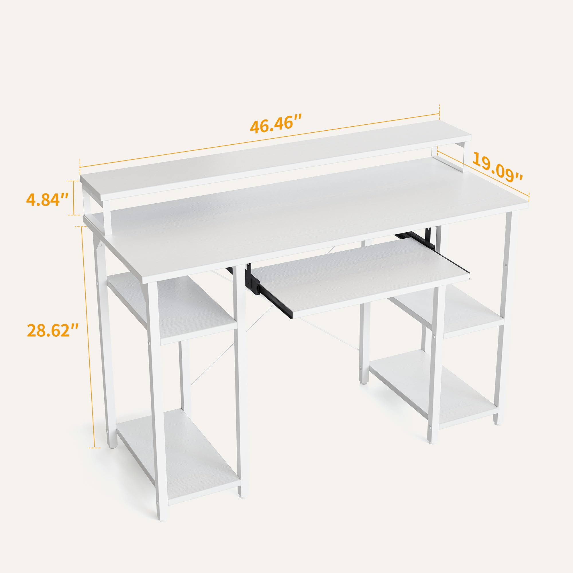 CubiCubi Computer Desk with Keyboard Tray, 47 Inch Office Desk with Monitor Stand and Storage Shelves, Music Studio Desk, Work Table Gaming Desk, White