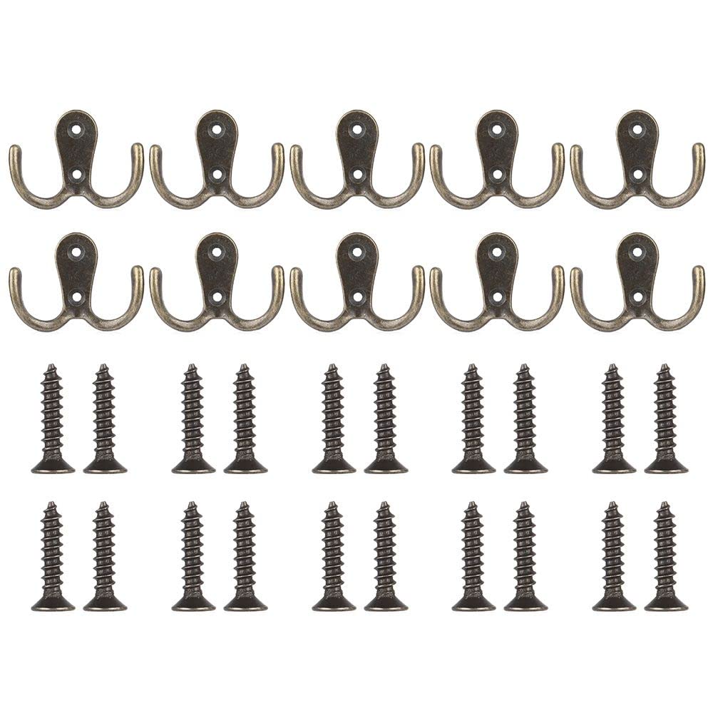 10pcs Metal Antique Hooks Double Prong Wall Door Coat Hanger Retro Key Holder Hat Bag Clothes Towel Organizer Shelf Storage(2.16inch,Bronze Tone)