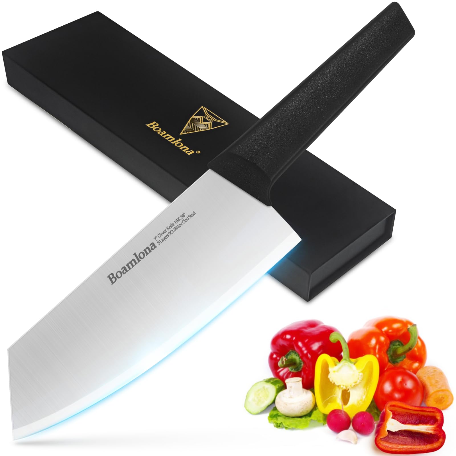 BOAMLONA Meat Cleaver Knife 7 inch Vegetable Knife 9Cr18Mov High Carbon Steel Kitchen Chopping Knife Cutting Knife - All purpose - Ultra Sharp, Thin, Light - Dishwasher Safe - with Gift Box