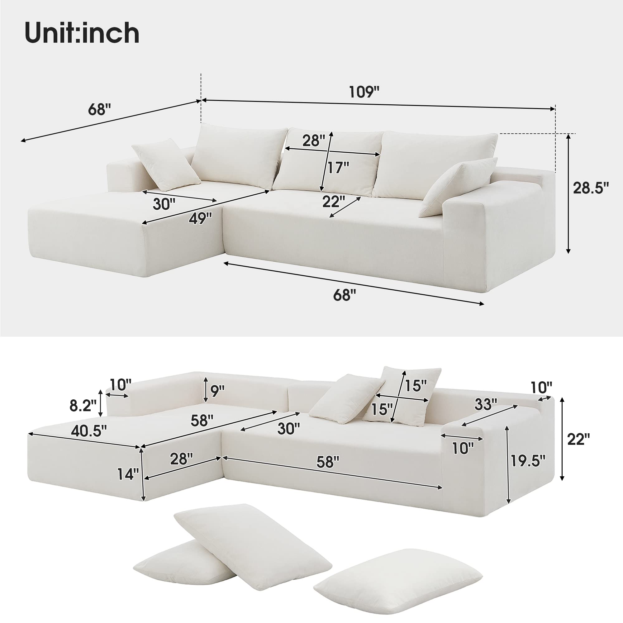 Polibi 109" L Upholstered Sofa, Modern Sectional Sofa Set with 3 Back Pillows and 2 Toss Pillows, Free Combination L-Shaped Sofa for Living Room, White