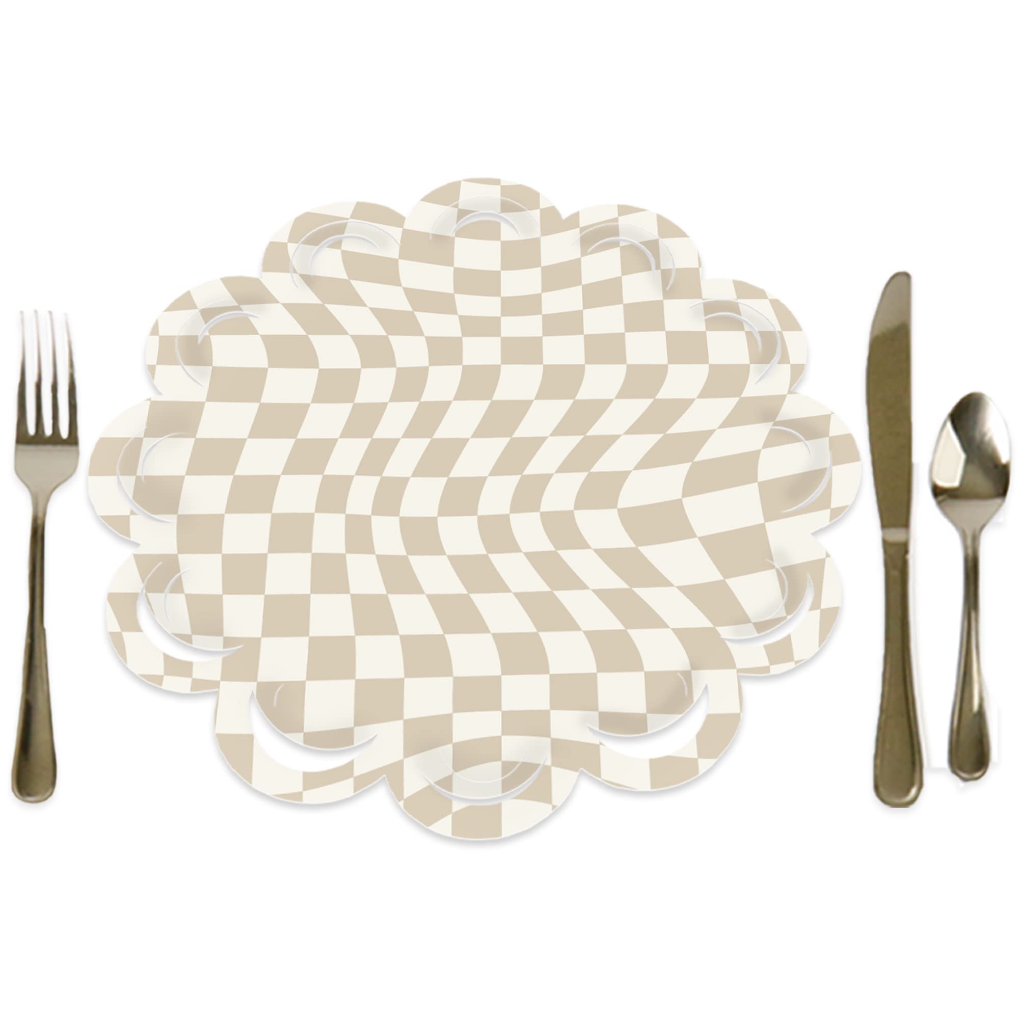 Big Dot of Happiness Tan Checkered Party - Round Table Decorations - Paper Chargers - Place Setting For 12