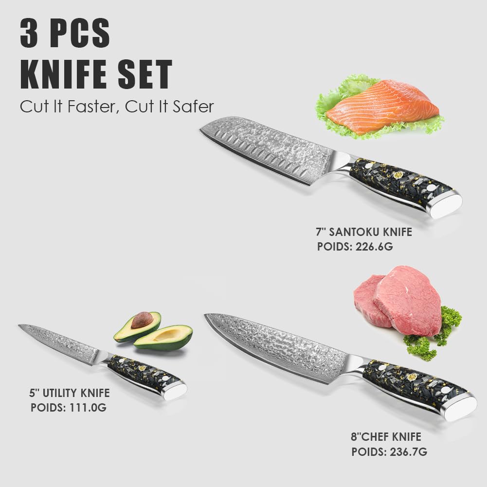 KEENZO Damascus knife set,Professional kitchen knives set 5 pcs,Sharp chef knife set.Hand forged 67-layers high carbon stainless steel knives set for Cooking.Ergonomic Full-Tang handle with gift box