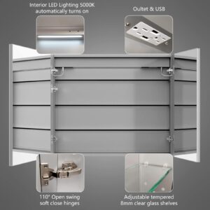 ExBrite Lighted Medicine Cabinet 36x30 Inch,Recessed or Surface led Medicine Cabinet, Clock&Room Temp Display,Defog,Stepless Dimming,Medicine Cabinet with Lights 3-Color Temper Chang, Outlets & USBs