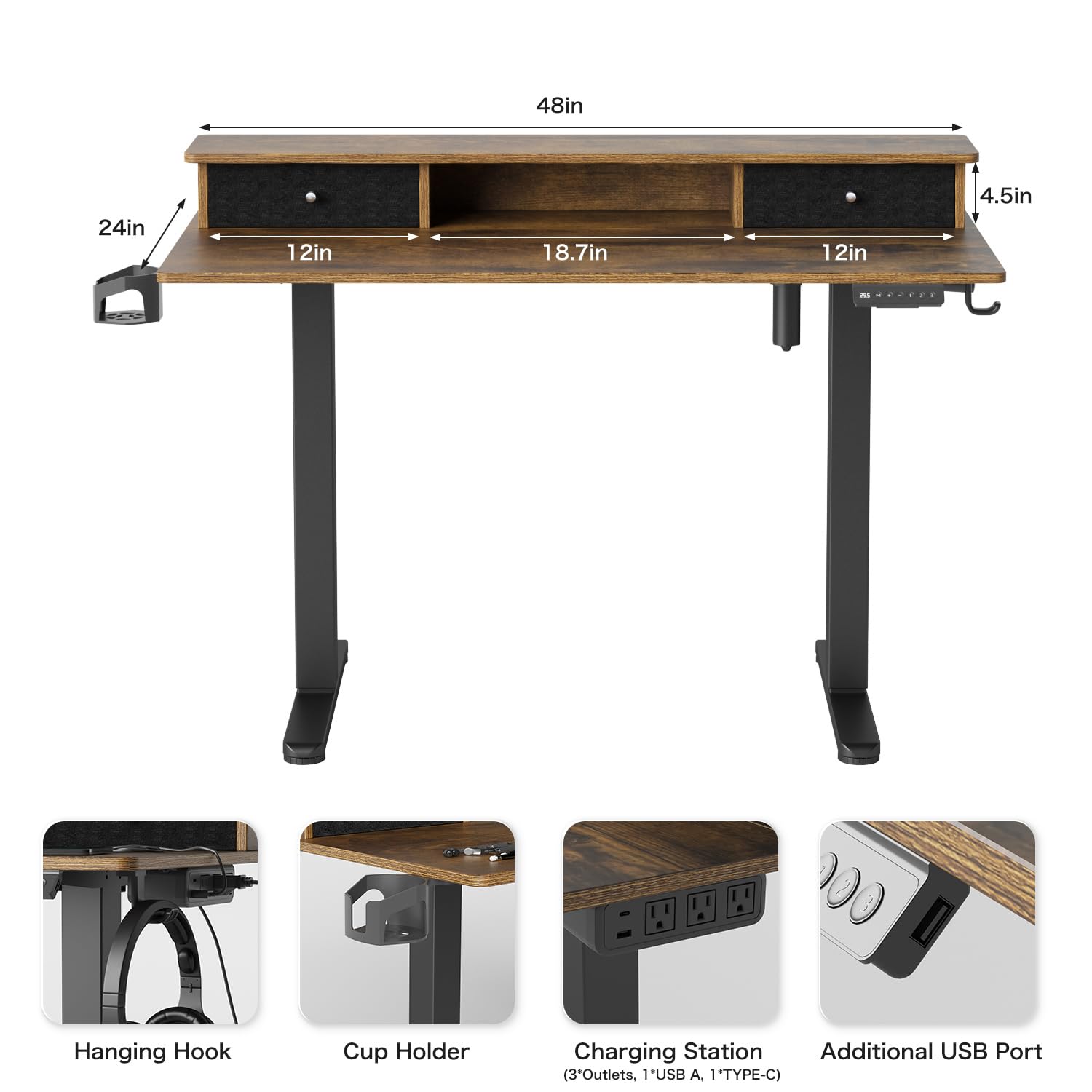 Saedew Electric Adjustable Standing Desk, Sit Stand Desk with Power Outlets & LED Lights 48”Adjustable Height Standing Desk with Drawers Adjustable Table Desk Riser for Home Office