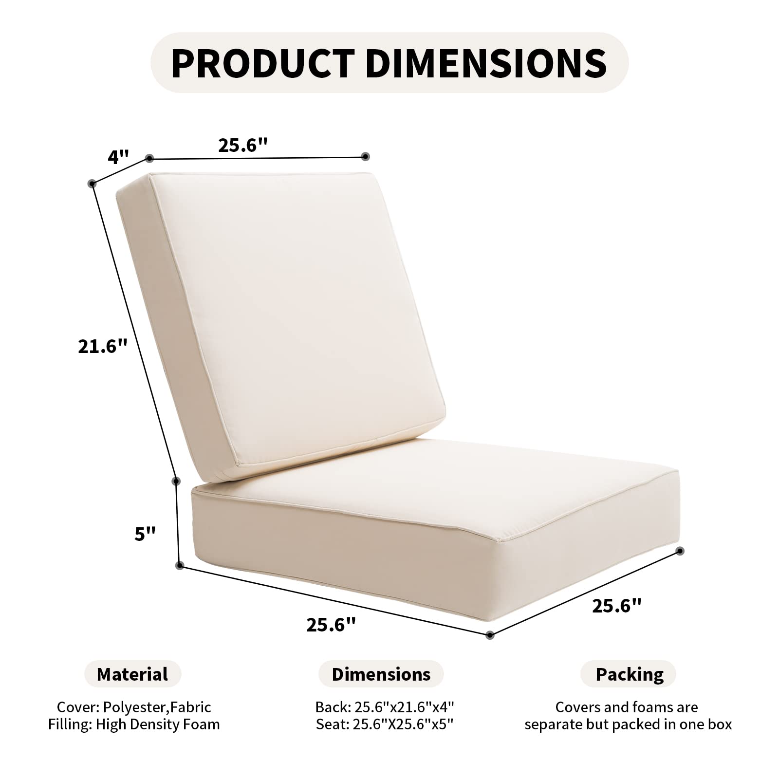 LebenLiebe Outdoor Seat Cushions Set for Patio Furniture Deep Seating Patio Cushion Set Weather-Resistant Thick Cushions 25.6" W x 25.6" D x 5” T,Creamy White