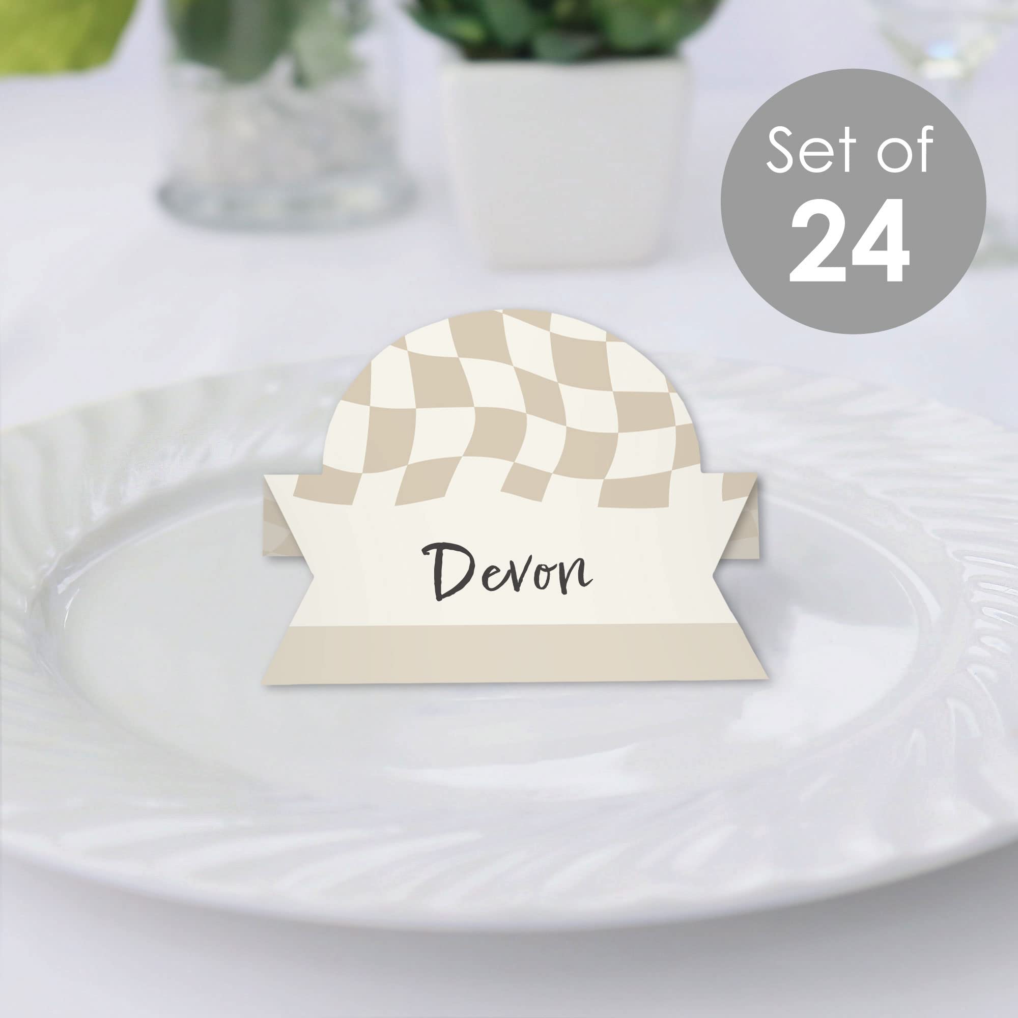 Big Dot of Happiness Tan Checkered Party - Tent Buffet Card - Table Setting Name Place Cards - Set of 24