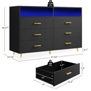 EnHomee Black Dresser with LED Lights, Wood Dresser for Bedroom with Wide Large Drawers and Metal Handles, Elegant Chest of Drawers for Clothes Storage Living Room Hallway Entryway, 47.2" W