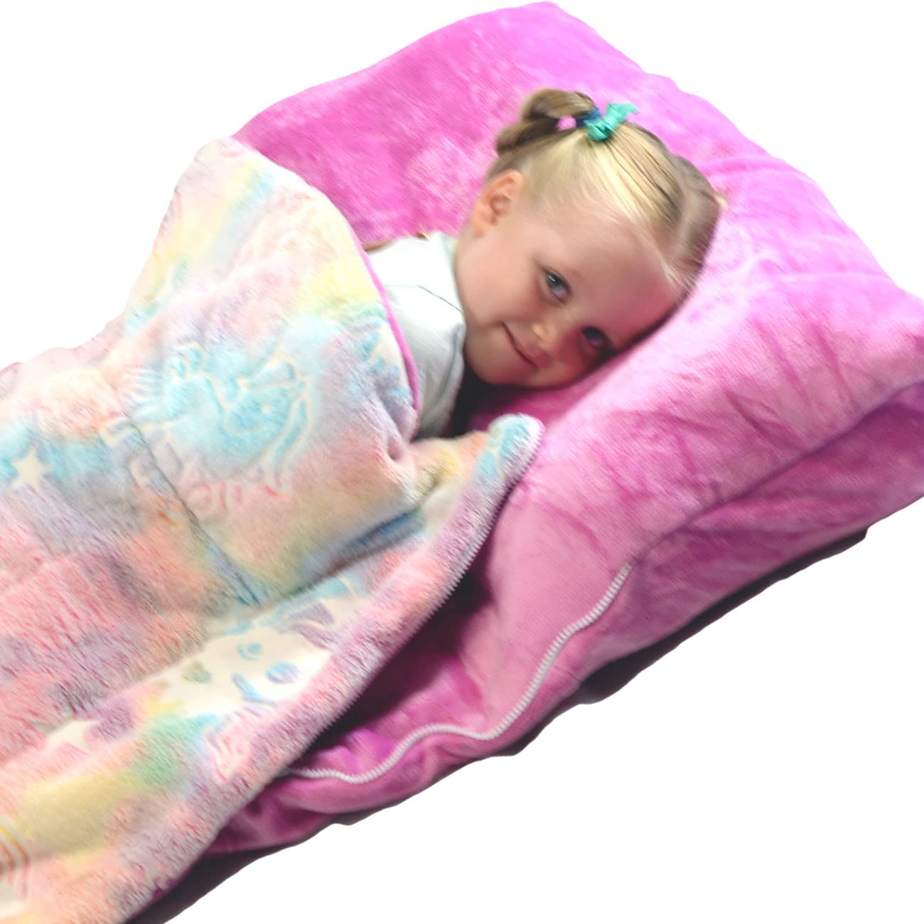 Rainbow Sleeping Bag Glow in The Dark Unicorn Slumber Bag for Girls - Plush Glowing Girly Nap Mat for Kids- Narwhal & Kitticorn Pink Large 66in x 30in Warm Sleeping Blanket Pad for Girls