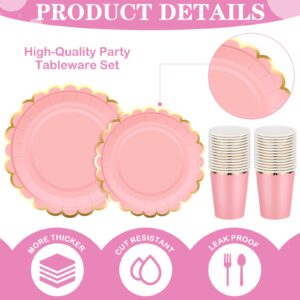 Yaomiao 168 Pcs Disposable Dinnerware Set Party Supplies, Scalloped Paper Plates Cups Napkin with Gold Foil Plastic Forks Knives Spoons Serve 24 Guests for Birthday Baby Shower (Pink,Round)