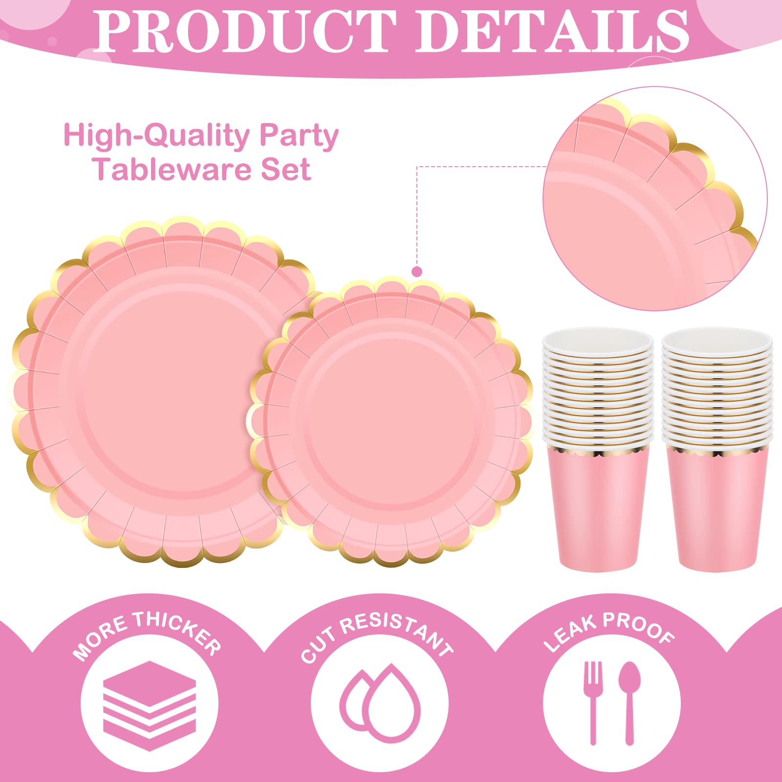 Yaomiao 168 Pcs Disposable Dinnerware Set Party Supplies, Scalloped Paper Plates Cups Napkin with Gold Foil Plastic Forks Knives Spoons Serve 24 Guests for Birthday Baby Shower (Pink,Round)