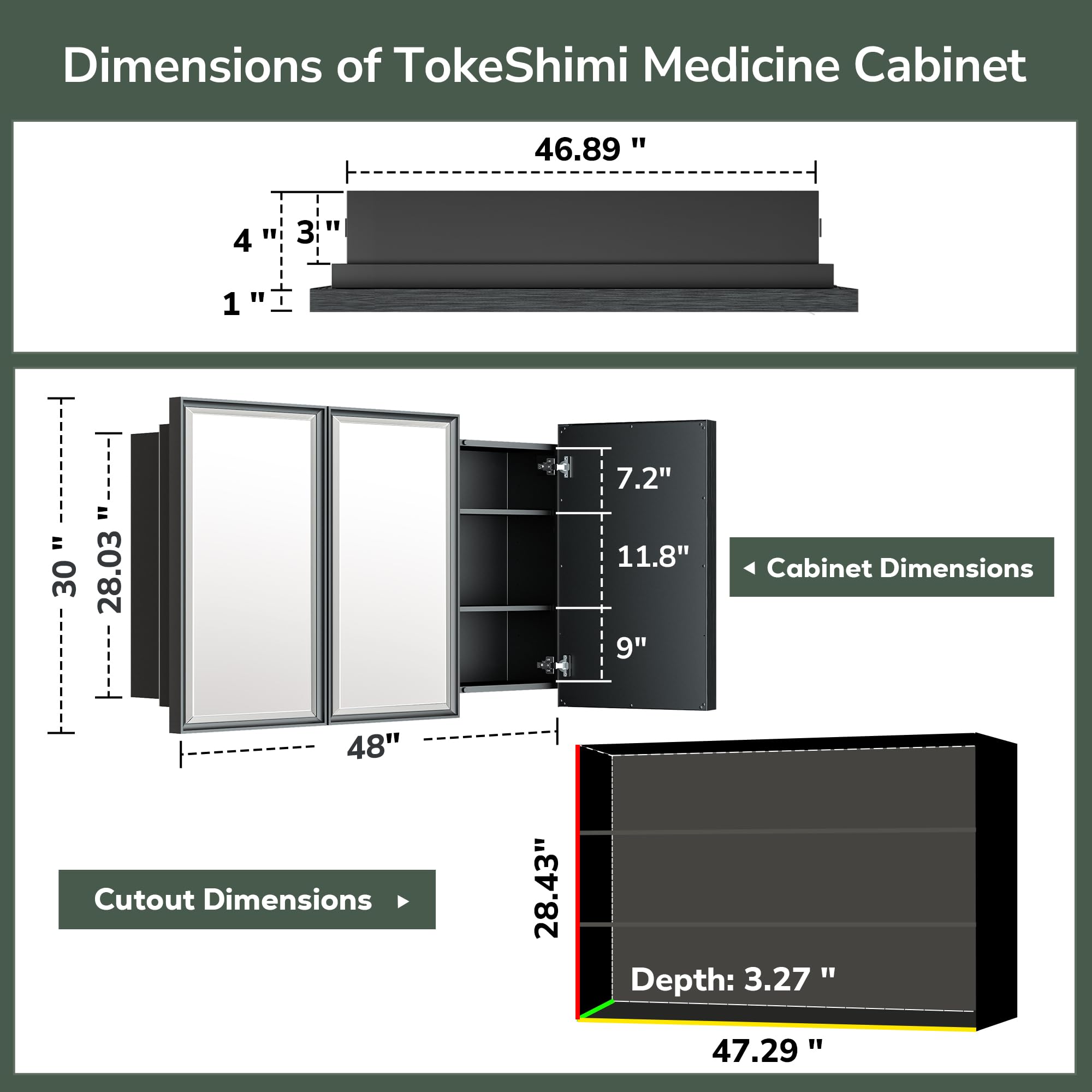 TokeShimi 48x30 Medicine Cabinet Bathroom Vanity Mirror Black Metal Framed Recessed or Surface Wall Mounted with Aluminum Alloy Beveled Edges Design 3 Doors for Modern Farmhouse