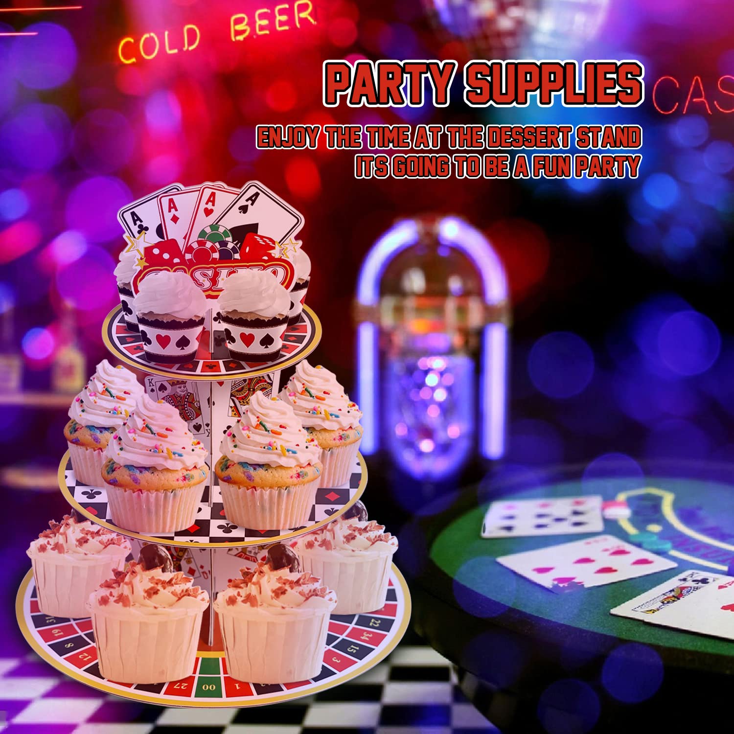 Casino Cupcake Stand 3 Tier for 24 Cupcakes Poker Dice Theme Cardboard Cake Dessert Holder Tower for Las Vegas Night Party Decoration Casino Decorations Adult Birthday Casino Themed Party Supplies