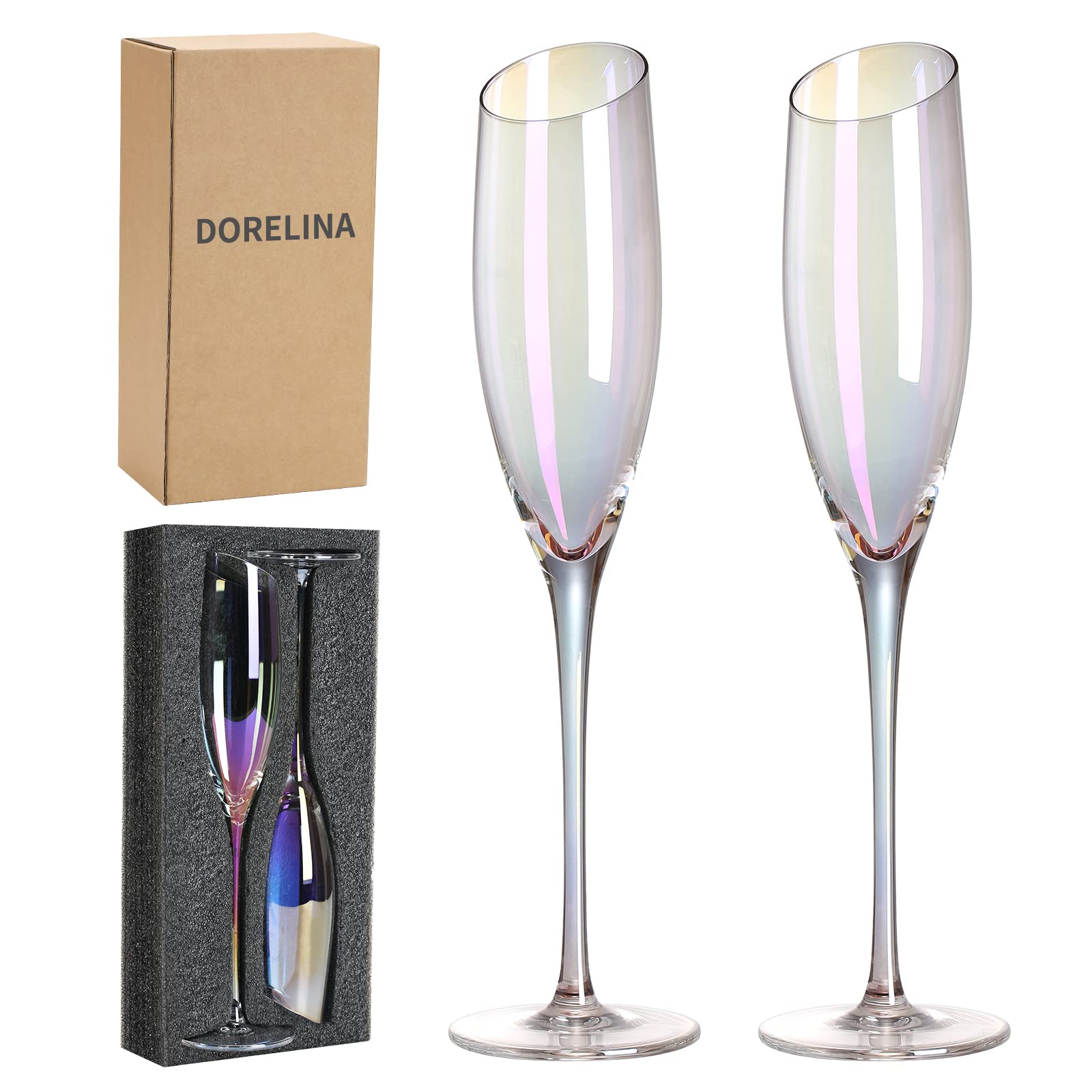 DORELINA Champagne Flutes, Slanted Champagne Glasses Set of 2, 100％Lead Free Quality Hand Blown Classy Modern Champagne Flutes, Best Gift for Birthday Wedding and Christmas