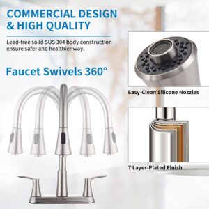 HOMELODY 2 Handles Kitchen Faucet with Pull Down Sprayer for 3 Hole Sink, 8 inch 360° Rotating Spout Centerset Kitchen Sink Faucet with Water Lines Brushed Nickel