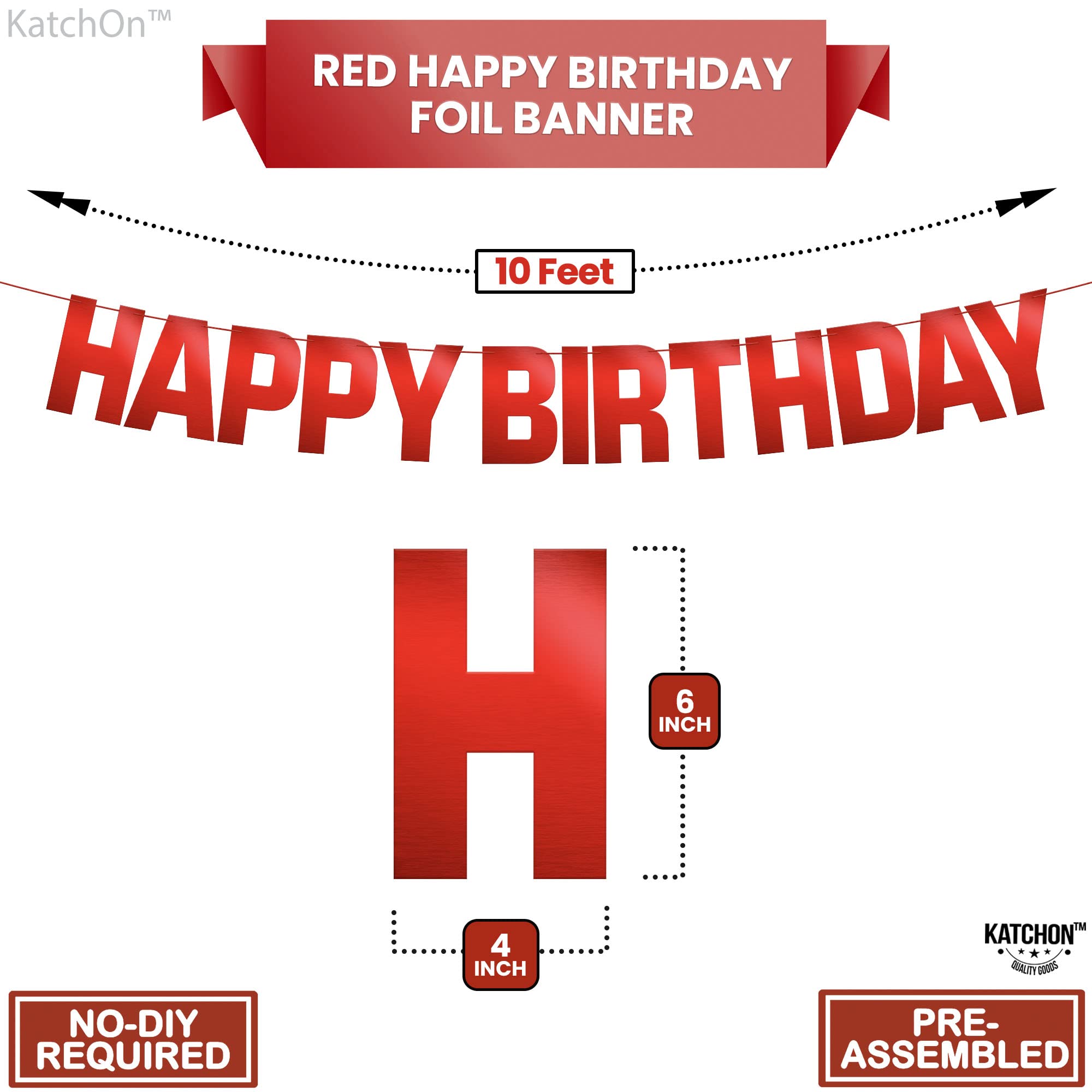 KatchOn, Shiny Red Happy Birthday Banner - Pre-Strung, 10 Feet | Red Happy Birthday Sign for Red Happy Birthday Decorations | Red Birthday Banner, Red Happy Birthday Garland | Red Birthday Decorations