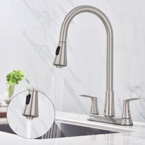 HOMELODY 2 Handles Kitchen Faucet with Pull Down Sprayer for 3 Hole Sink, 8 inch 360° Rotating Spout Centerset Kitchen Sink Faucet with Water Lines Brushed Nickel