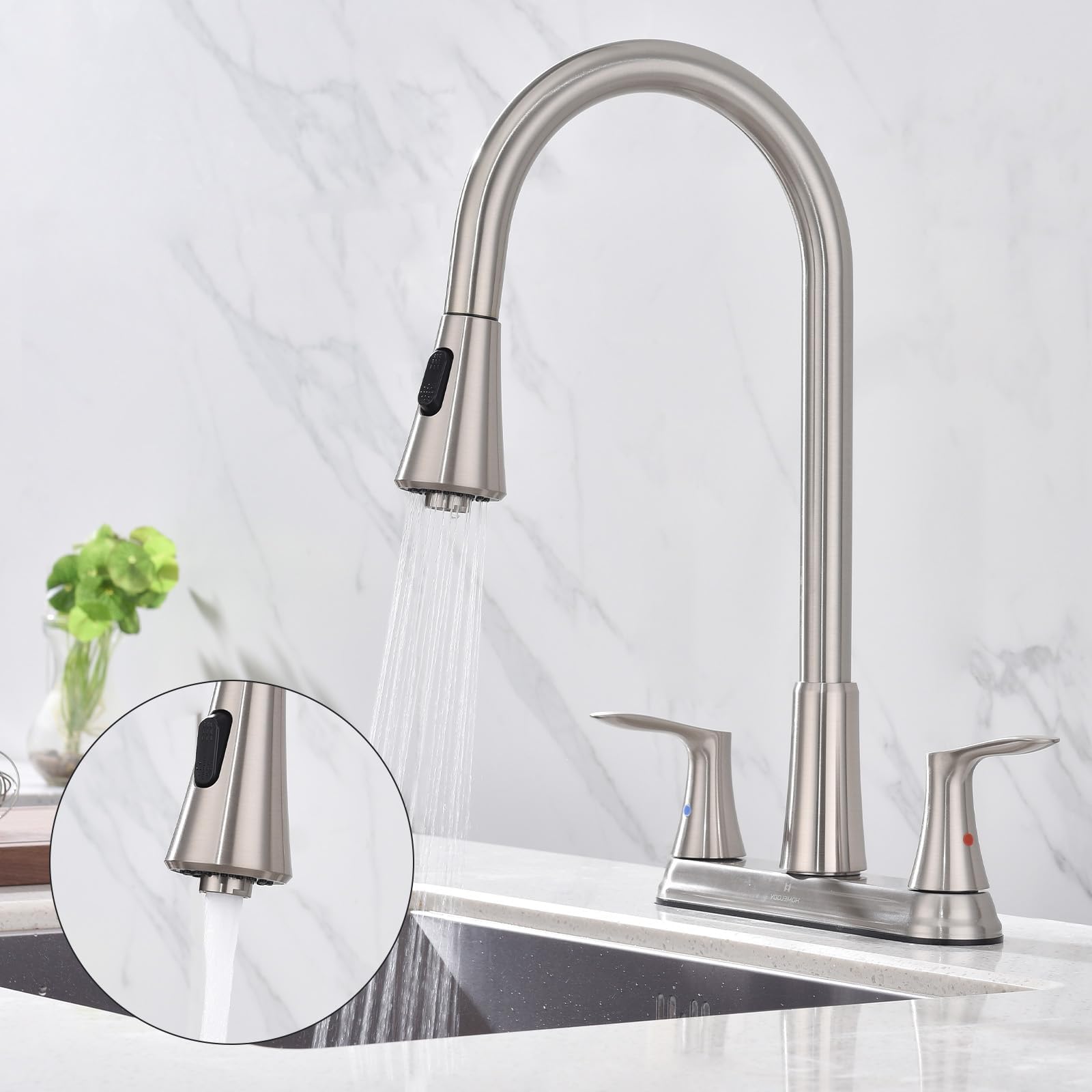 HOMELODY 2 Handles Kitchen Faucet with Pull Down Sprayer for 3 Hole Sink, 8 inch 360° Rotating Spout Centerset Kitchen Sink Faucet with Water Lines Brushed Nickel