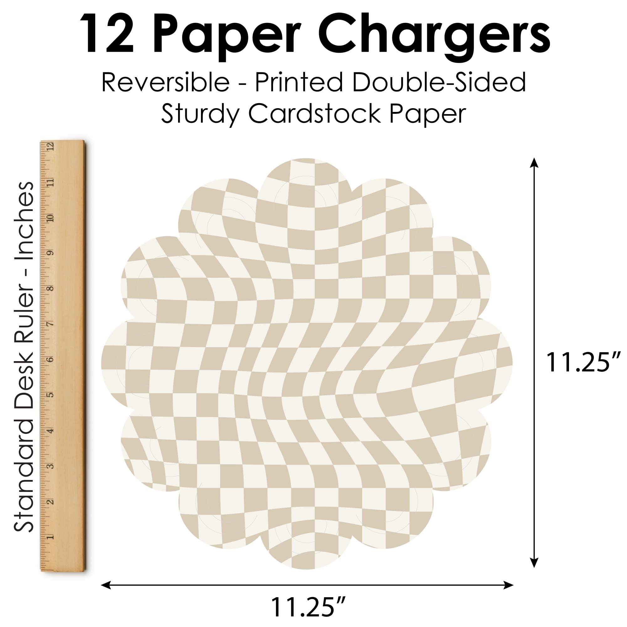 Big Dot of Happiness Tan Checkered Party - Round Table Decorations - Paper Chargers - Place Setting For 12