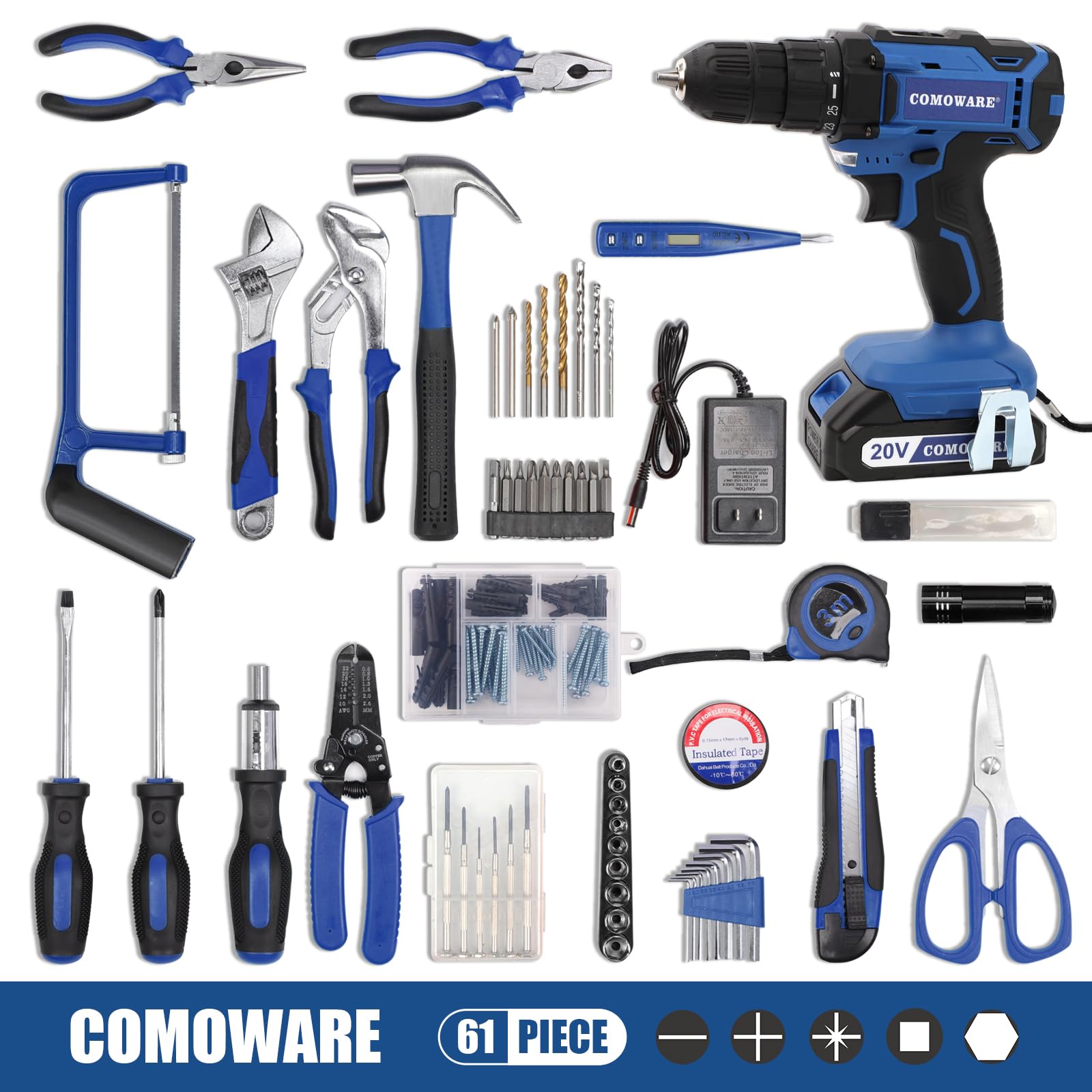 COMOWARE 120 Pcs Home Tool Kit with Drill, 20V Power Tool Combo Kits with 2.0 Ah Li-ion Battery & Charger, 25+1 Clutch, Tool Sets for Men, Household Tool Set for Garden Office Home Repair, Blue Case