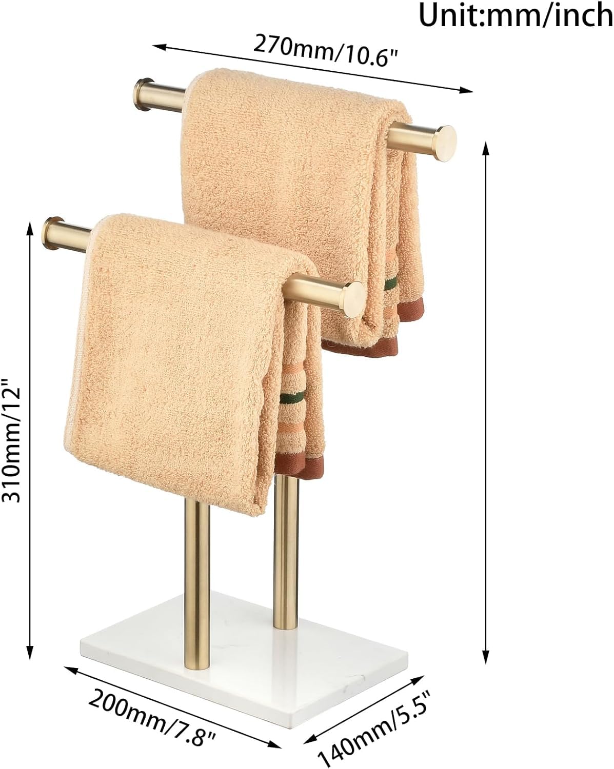 Gold Countertop Towel Rack T-Shape Towel Stand with Marble Base, Hand Towel Holder Stand for Bathroom, Kitchen,Beelee