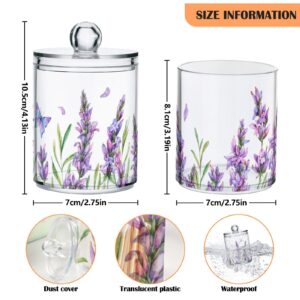 ALAZA Purple Toothbrush Holder 2 Pack Qtip Holder Dispenser for Cotton Ball Lavender Flower Purple Cotton Swab Round Pads Clear Plastic Acrylic Jar Set Bathroom Canister