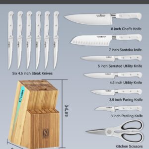 Cook N Home Kitchen Knife Set with Bamboo Storage Block 15-Piece, High Carbon Stainless Steel Blade, White