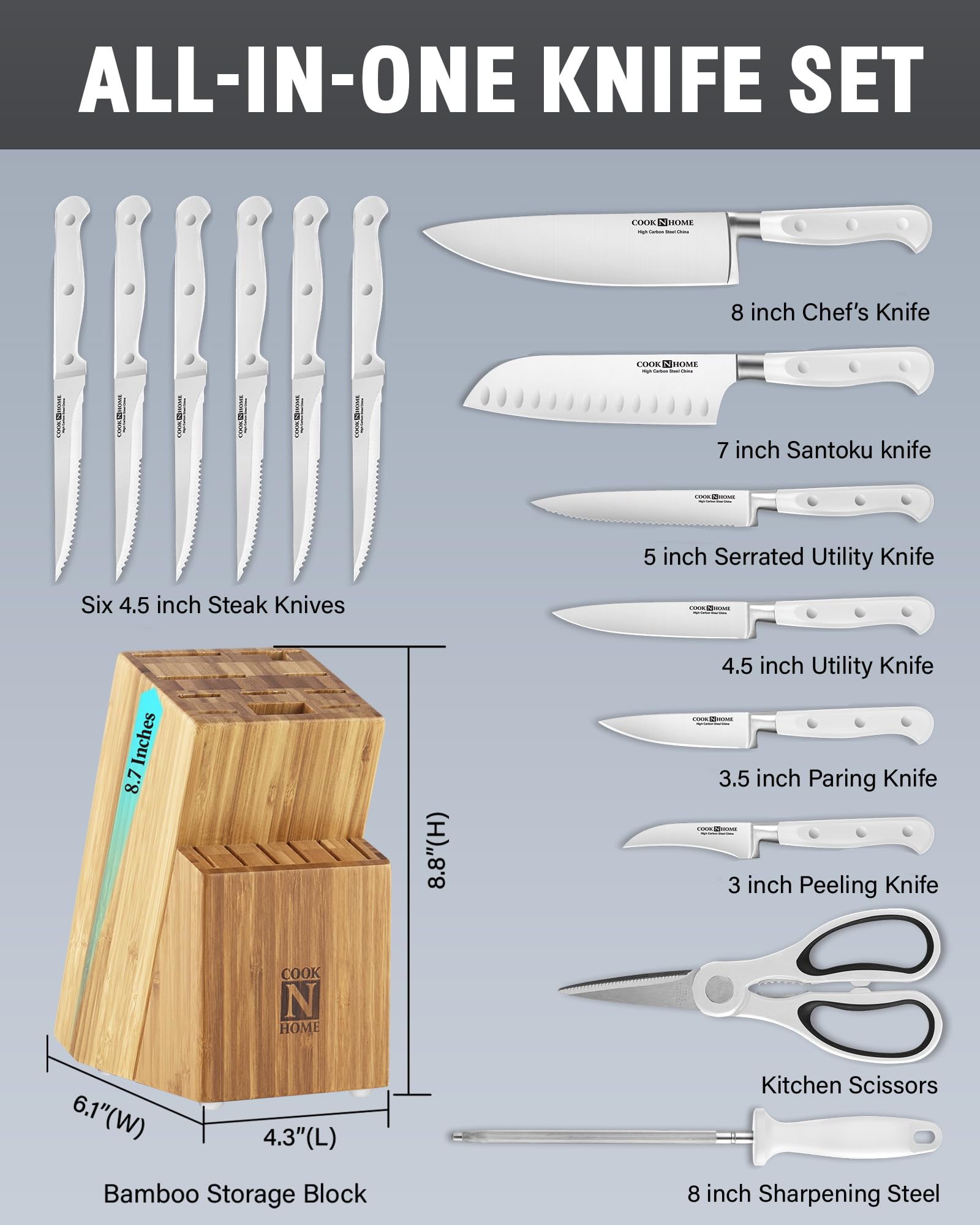 Cook N Home Kitchen Knife Set with Bamboo Storage Block 15-Piece, High Carbon Stainless Steel Blade, White