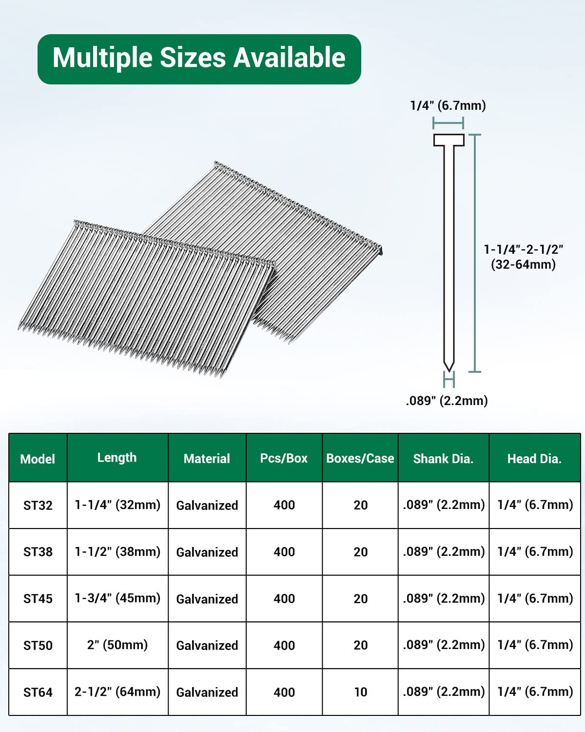 meite 14 Gauge Concrete T Nails for Pneumatic Concrete Nailer Gun - 1-1/2" Length Galvanized Concrete Finish Nails (400 PCS/BOX)