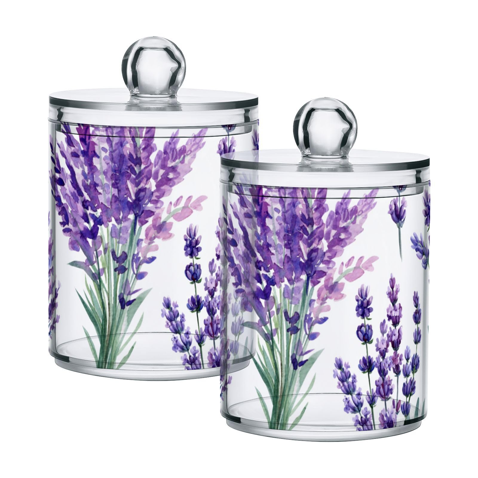 ALAZA 2 Pack Qtip Holder Dispenser for Cotton Ball Purple Lavender Bouquet 1 Cotton Swab Cotton Round Pads Clear Plastic Acrylic Jar Set Bathroom Canister