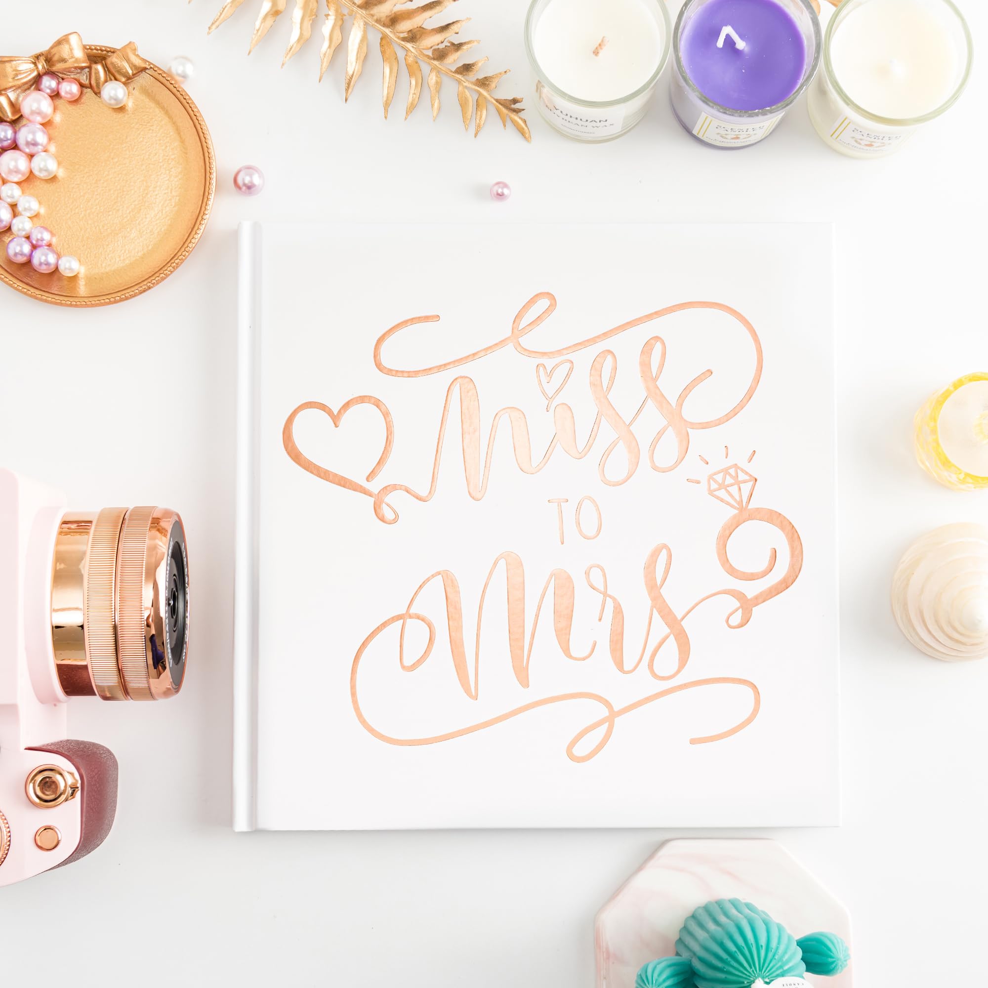 Calculs Bridal Shower Guest Book Miss to Mrs Picture Book Polaroid Blank Pages for Instant Film Rose Gold Bachelorette Party Sign in Book 8.5” Square White Cover Rose Gold Foil Stamping