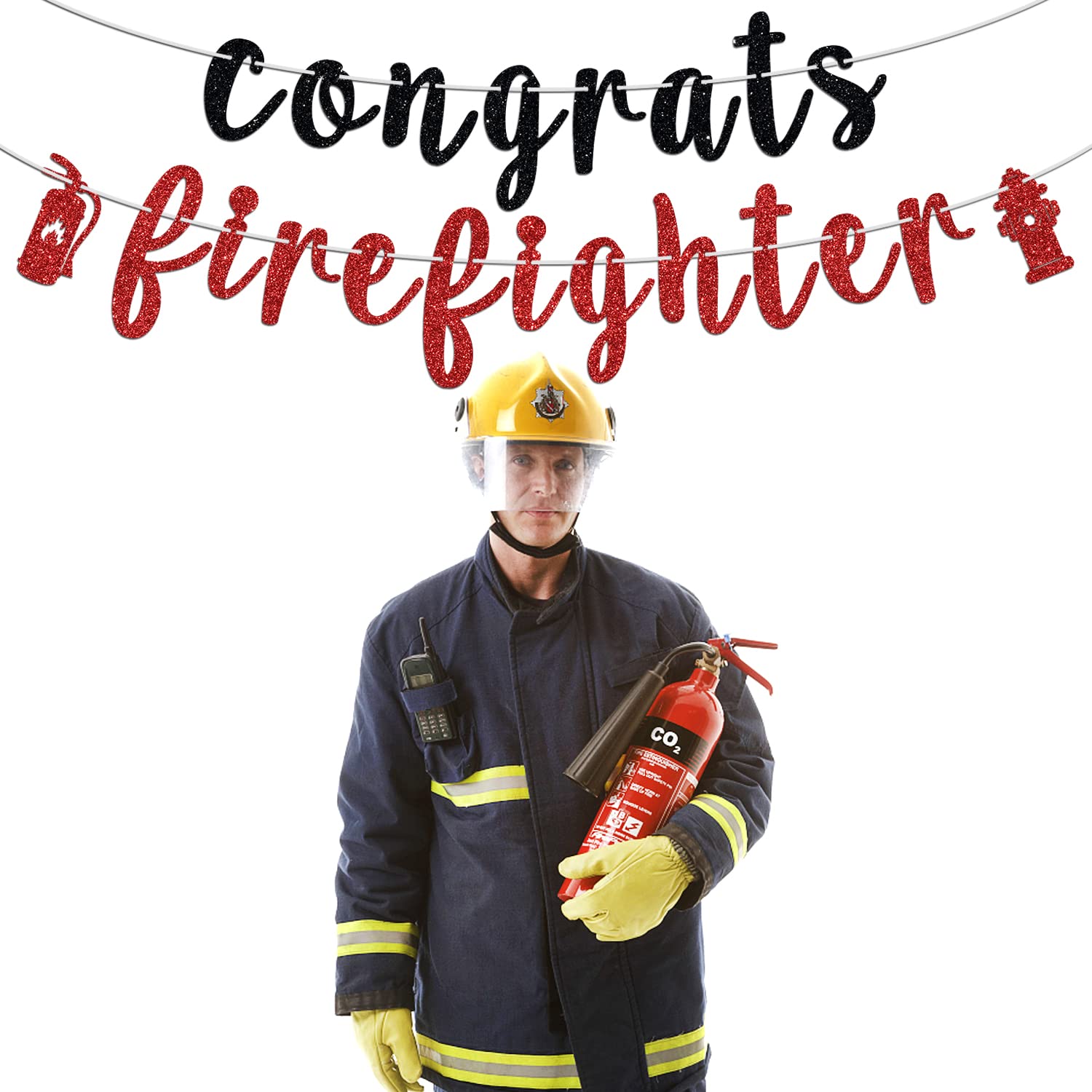 Congrats Firefighter Banner, Class of 2024/Congrats Grad, Fire Department Graduation Party Decoration Supplies for Fireman, Black and Red Glitter