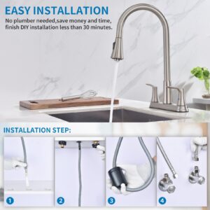 HOMELODY 2 Handles Kitchen Faucet with Pull Down Sprayer for 3 Hole Sink, 8 inch 360° Rotating Spout Centerset Kitchen Sink Faucet with Water Lines Brushed Nickel