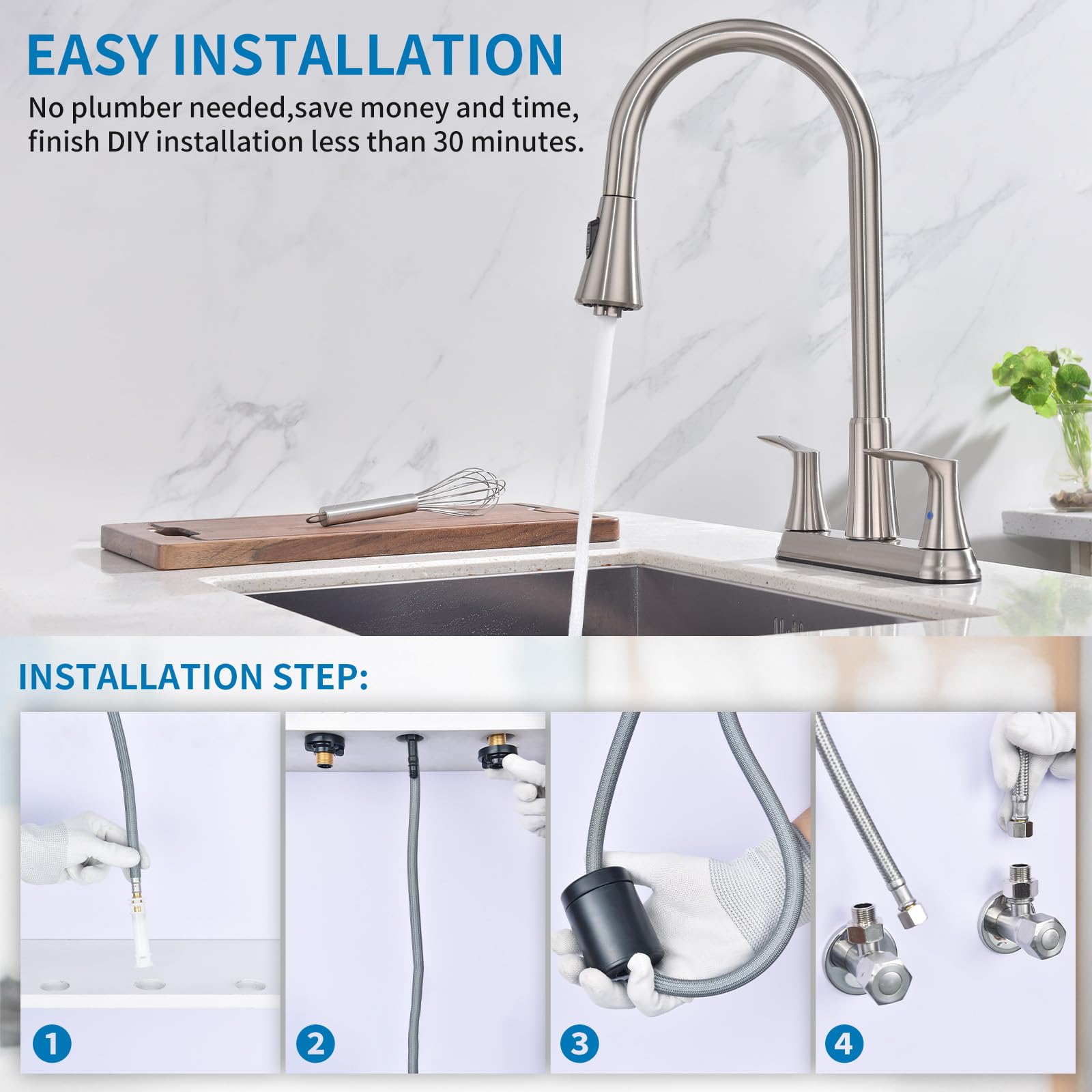 HOMELODY 2 Handles Kitchen Faucet with Pull Down Sprayer for 3 Hole Sink, 8 inch 360° Rotating Spout Centerset Kitchen Sink Faucet with Water Lines Brushed Nickel