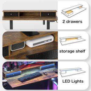 Saedew Electric Adjustable Standing Desk, Sit Stand Desk with Power Outlets & LED Lights 48”Adjustable Height Standing Desk with Drawers Adjustable Table Desk Riser for Home Office