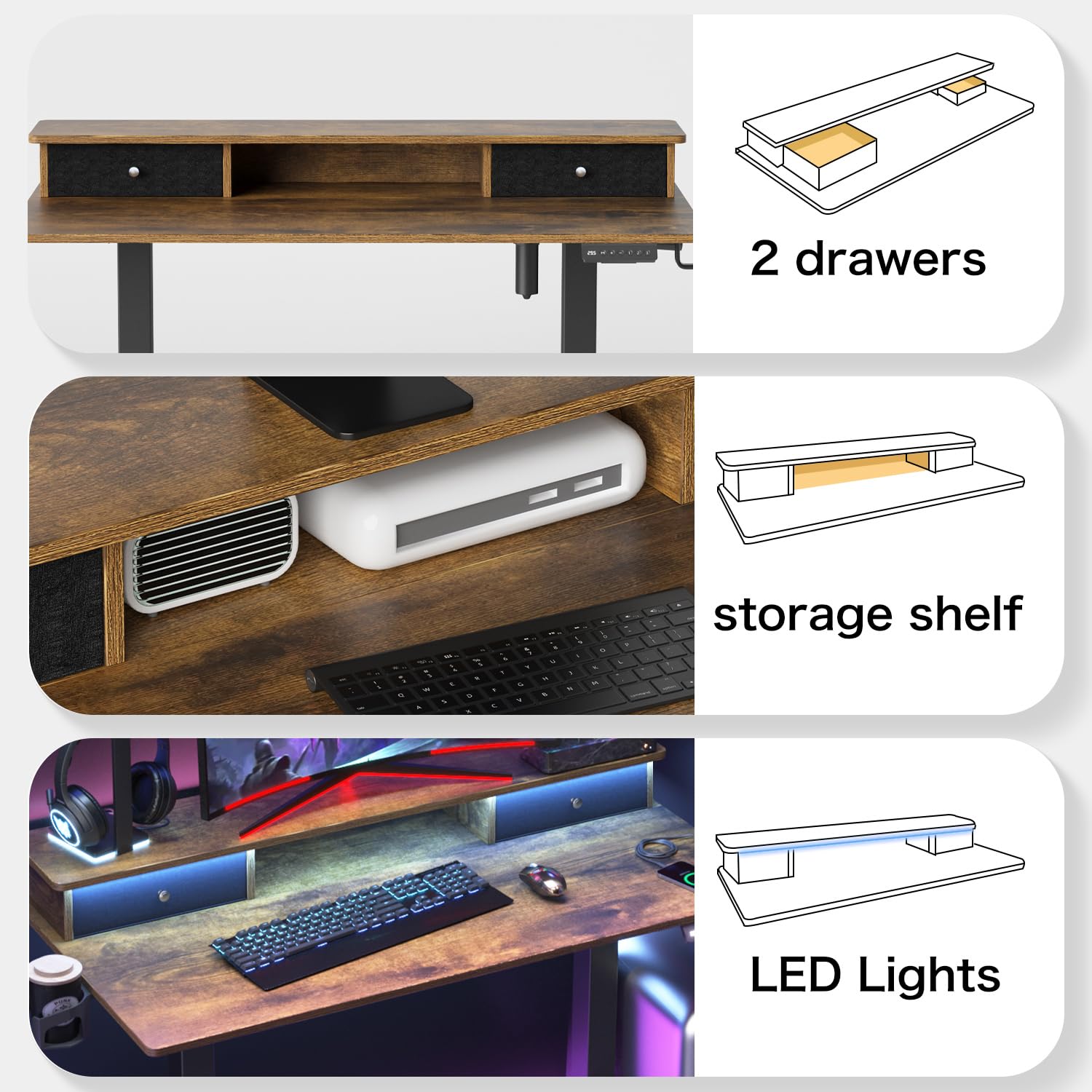 Saedew Electric Adjustable Standing Desk, Sit Stand Desk with Power Outlets & LED Lights 48”Adjustable Height Standing Desk with Drawers Adjustable Table Desk Riser for Home Office