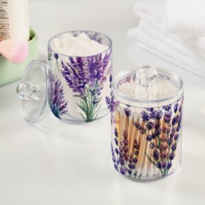 ALAZA 2 Pack Qtip Holder Dispenser for Cotton Ball Purple Lavender Bouquet 1 Cotton Swab Cotton Round Pads Clear Plastic Acrylic Jar Set Bathroom Canister