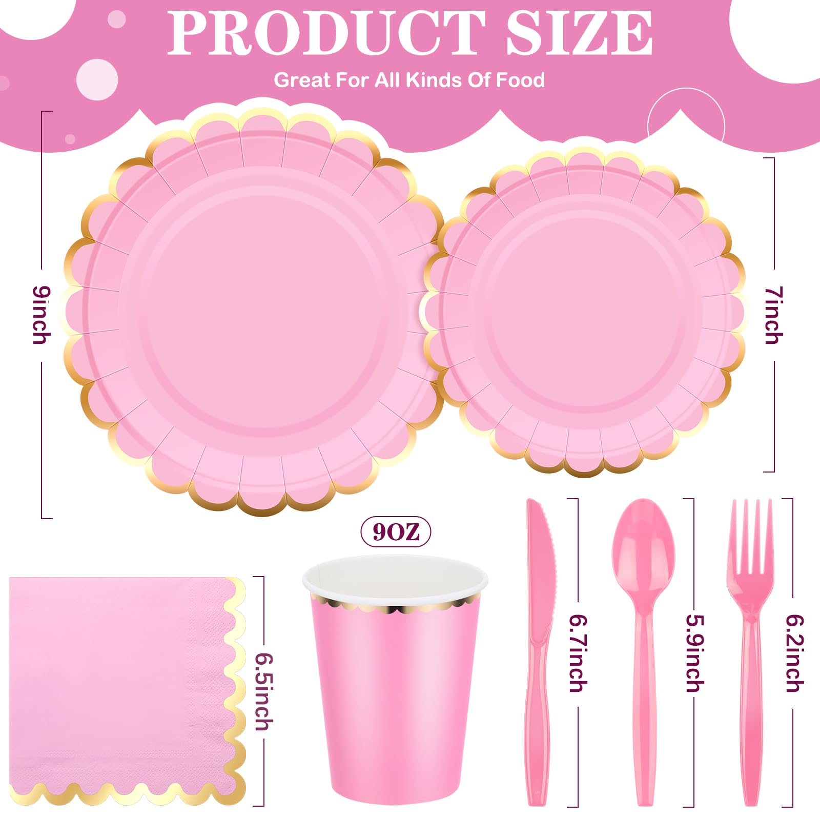 Yaomiao 168 Pcs Disposable Dinnerware Set Party Supplies, Scalloped Paper Plates Cups Napkin with Gold Foil Plastic Forks Knives Spoons Serve 24 Guests for Birthday Baby Shower (Pink,Round)