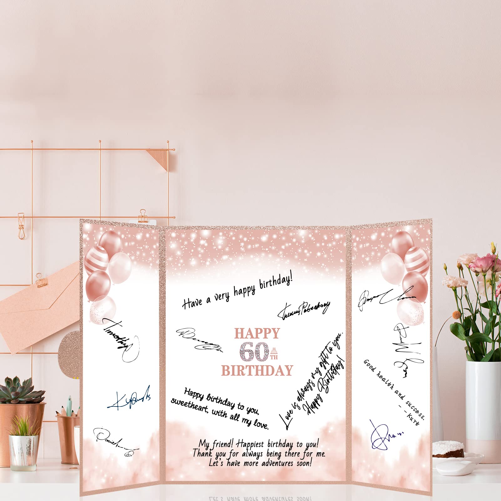 Trgowaul 60th Birthday Guest Book Alternative Decorations for Women, Rose Gold Happy 60th Birthday Decorations, 60 Years Old Party Signature Certificate, Card 60th Birthday Party Supplies Gift Sign