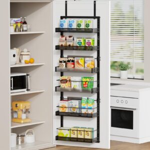 POKIPO 6-Tier Over the Door Pantry Organizer, 2 in 1 Large Door Spice Rack with Adjustable Metal Baskets, Heavy Duty Hanging or Wall Mounted Storage Organizer for Kitchen Pantry and Room Wall