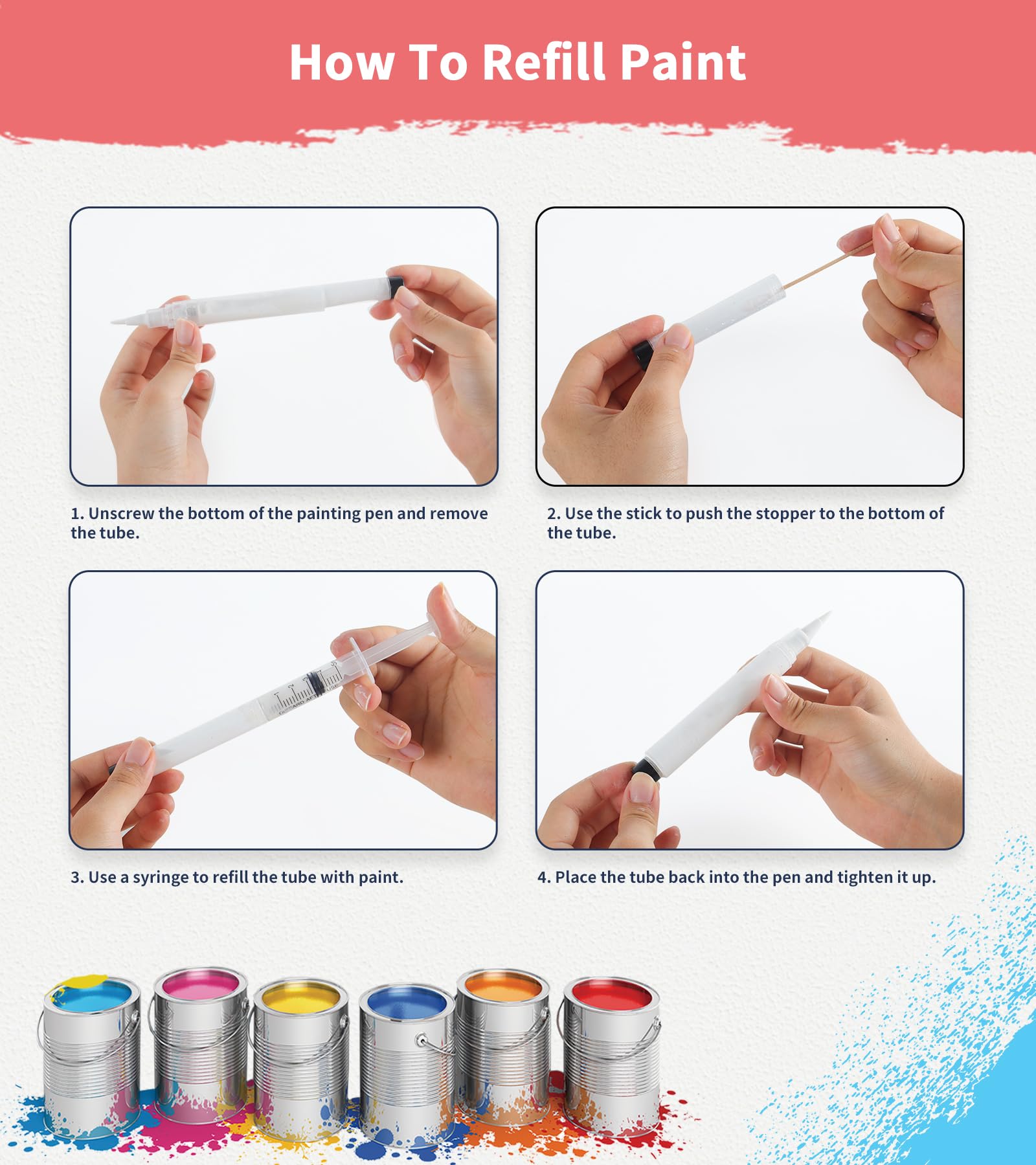 Fillable Touch Up Paint Pen Brush, 3 Pcs Paint Pen for Wall Touch Up, Refillable Paint Pens for Walls, Wood Floors, Cabinets, Windows, Doors (6 Pcs(Pack of 1))