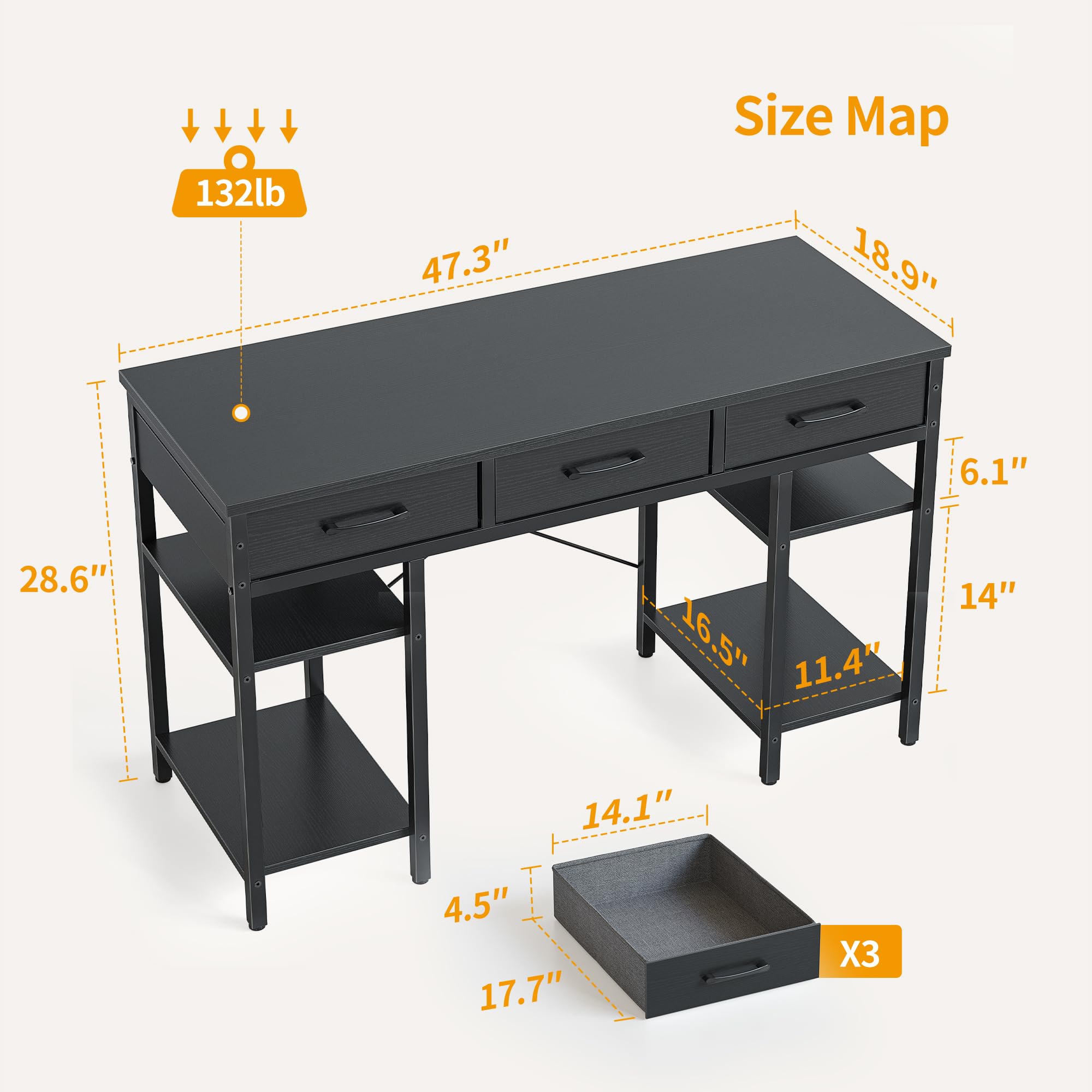 CubiCubi 47 Inch Computer Desk with 3 Drawers and Storage Shelves, Small Home Office Desk, Study Writing Gaming Table, Small Desk for Bedroom, Black